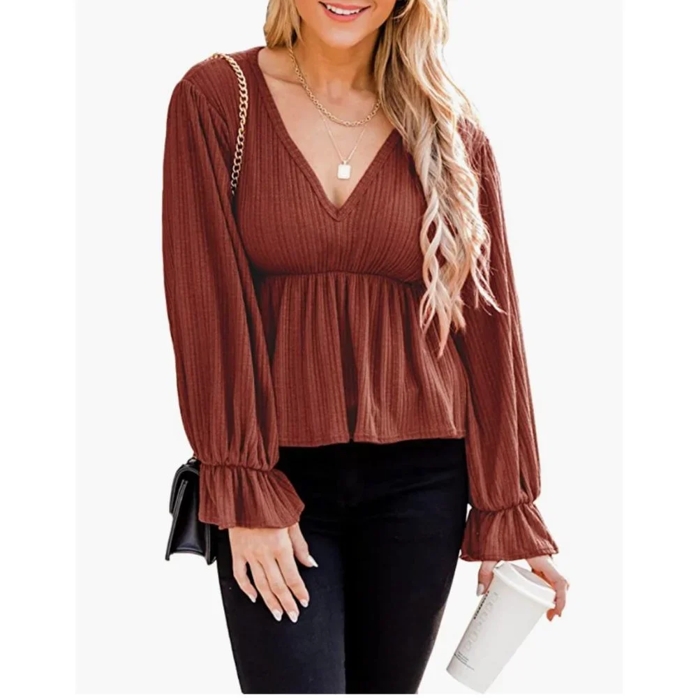 Coffee Ruffle Peplum Puff Sleeve V-Neck Long Lantern Sleeve Babydoll Top Blouse - Picture 3 of 7